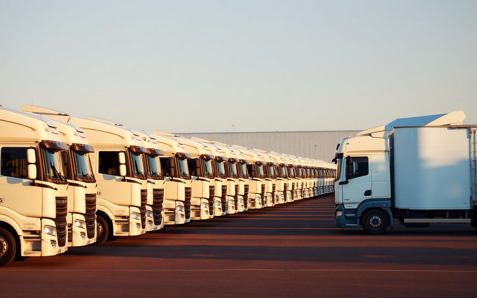 Fleet of lorries lined up at a depot